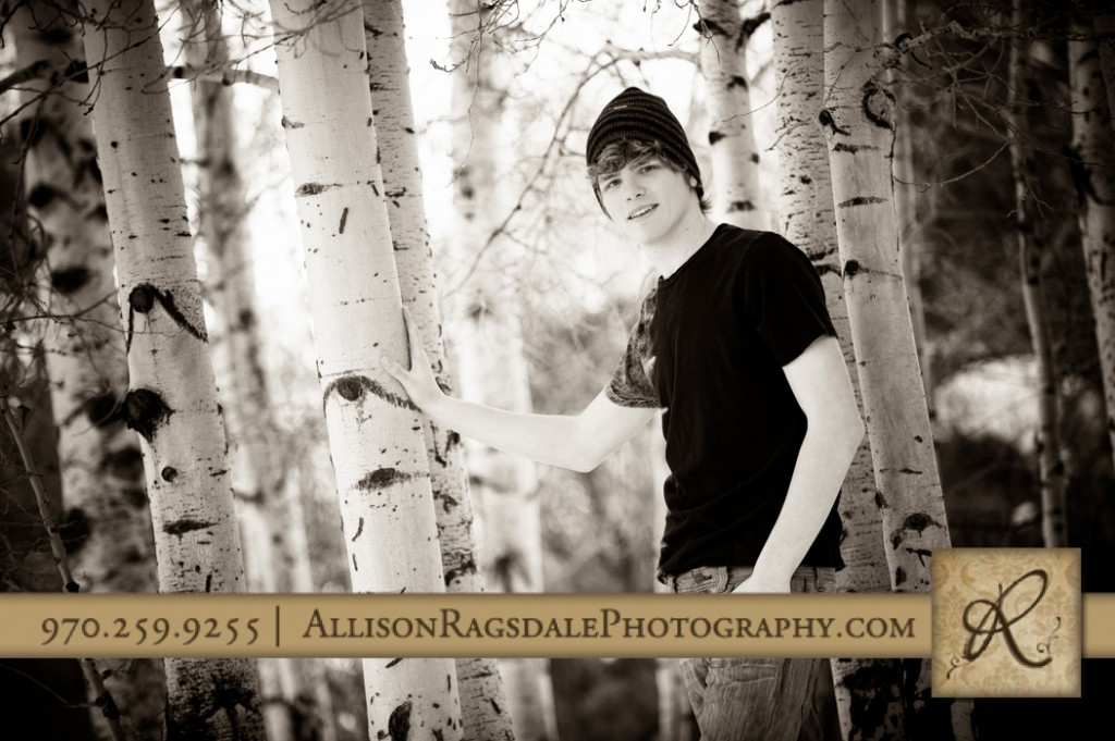 black and white senior guy portrait aspen tree trunks durango co