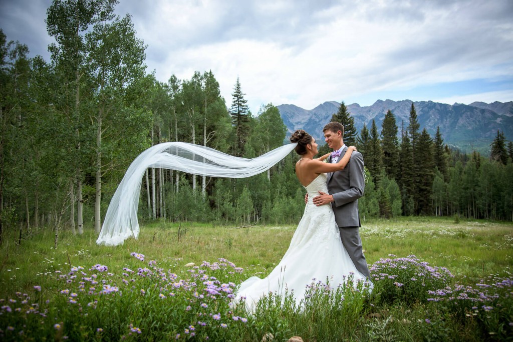 Durango Mountain Wedding Photo of Bride and Groom Pano at Cascade with amazing mountains