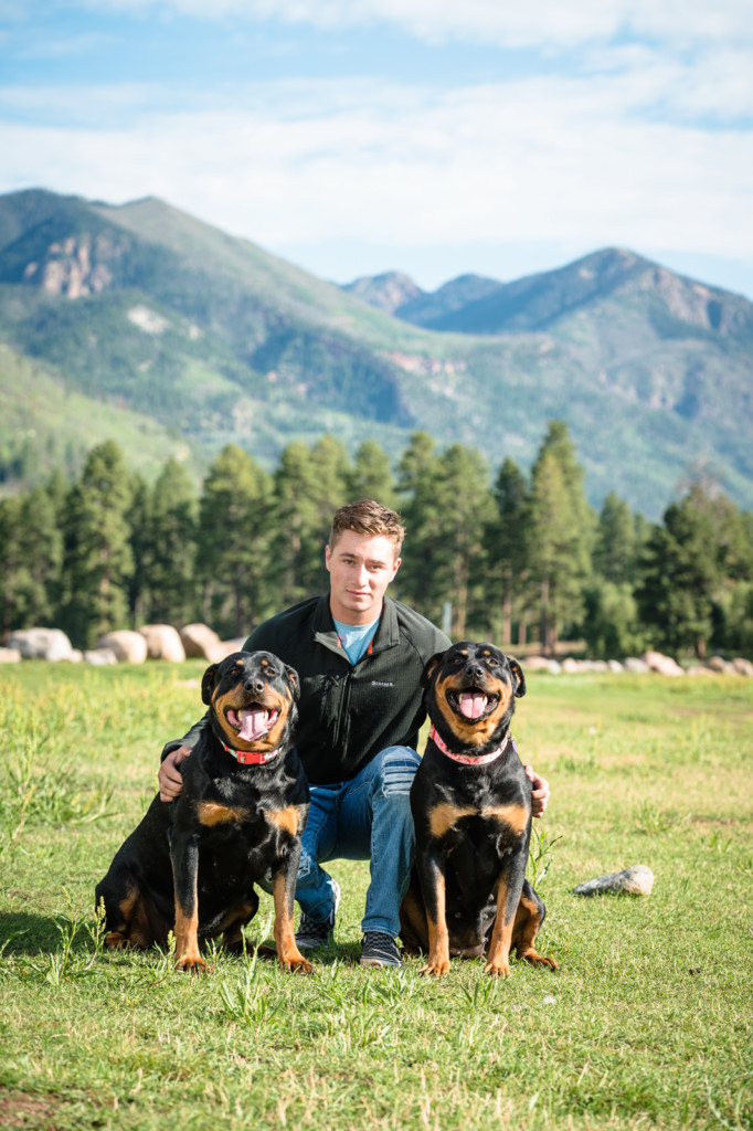 dogs with mountains senior guy portrait