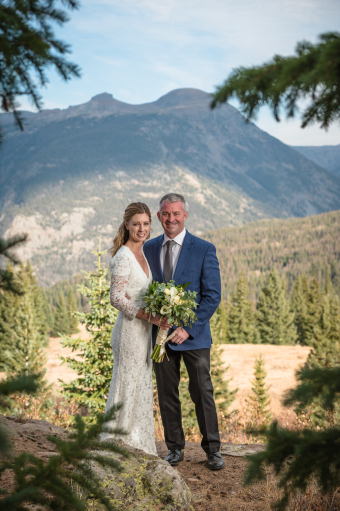 bride and groom portrait elopment mountain pine trees