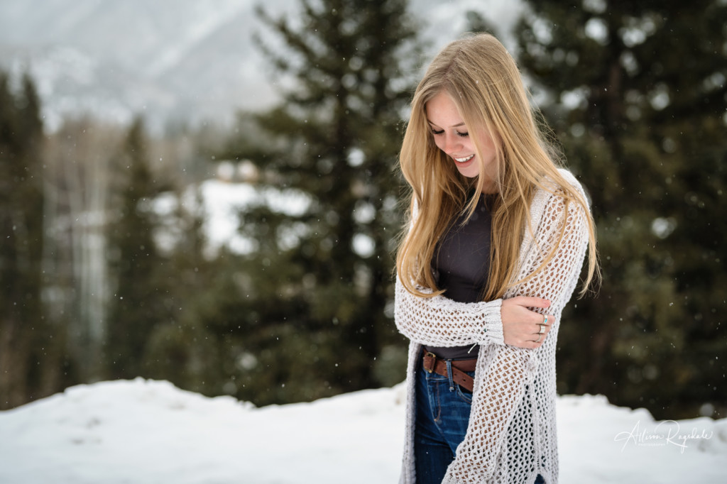 winter snowing pic senior girl looking down