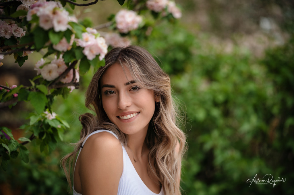 pink spring blossoms white tank top senior girl pic