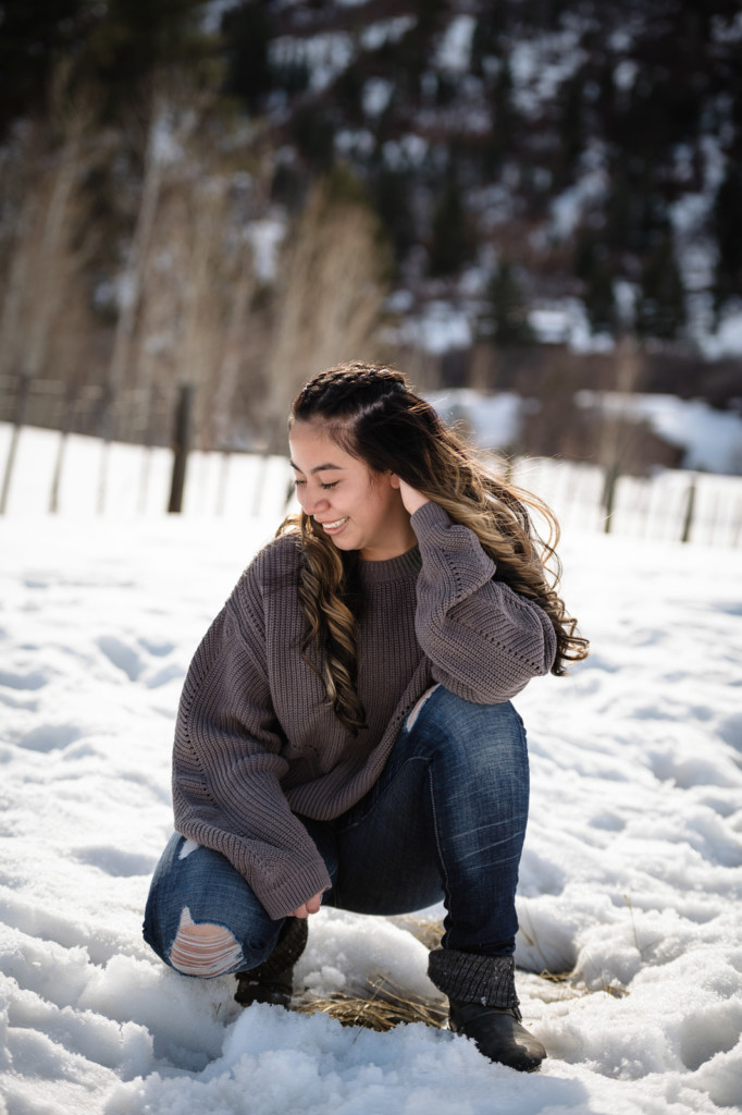 class of 2022 senior pictures durango co in the snow gray sweater