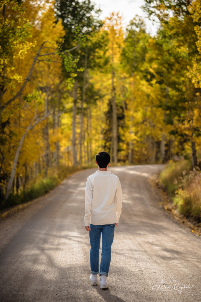 senior guy portrait walking down dirt road in fall aspen trees