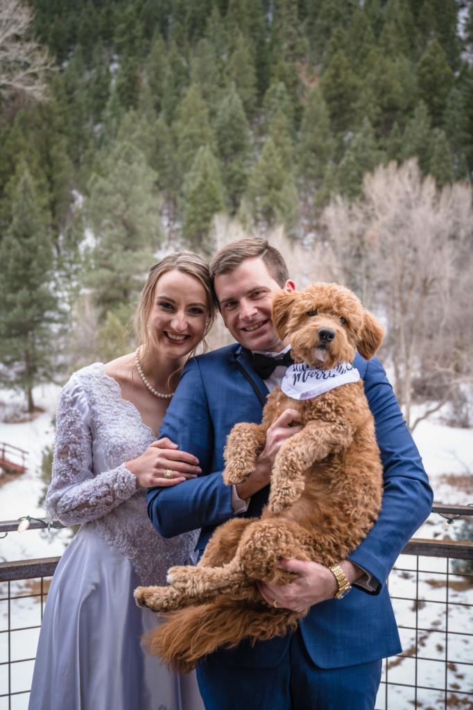 bride and groom with dog holiday winter wedding picture