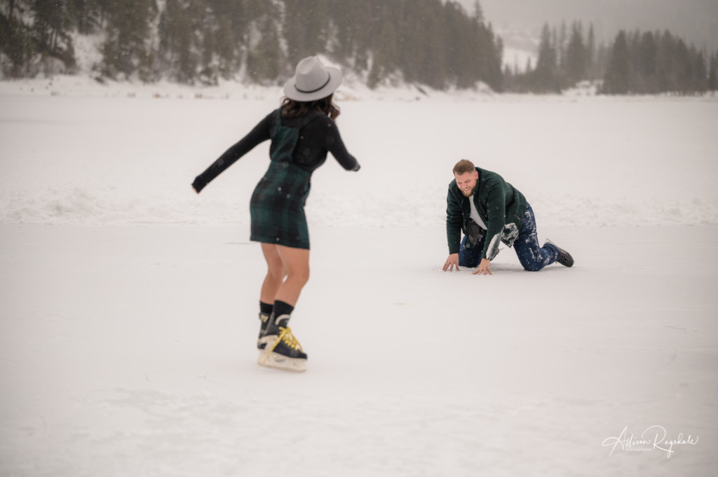 bride to be coming to the rescue surprise proposal on ice skates photo